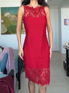 Tadashi Shoji Red Lace-Detail Midi Sheath Dress
